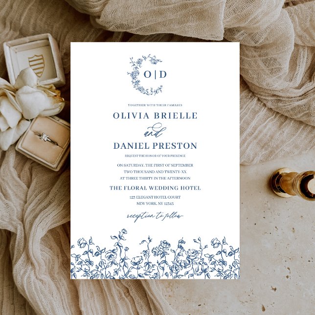 Floral Vintage Navy Blue Monogram Wedding Invitation (Creator Uploaded)