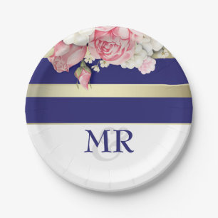 Floral Vintage Navy Gold White Stripes Wedding Paper Plate