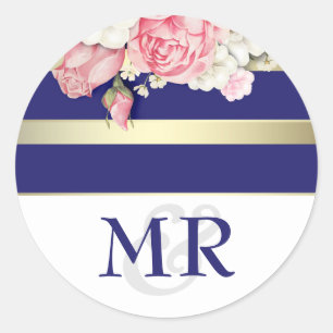 Floral Vintage Navy White and Gold Wedding Classic Round Sticker