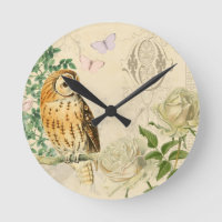 Floral vintage owl clock with beautiful roses