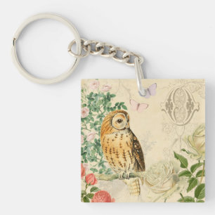 Floral vintage owl key ring with beautiful roses