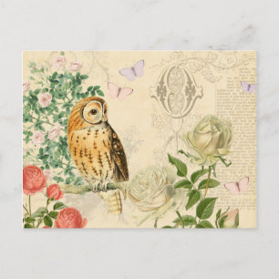Floral vintage owl postcard with beautiful roses