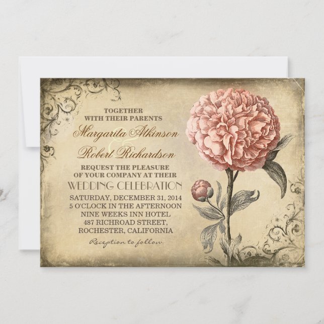 Floral Vintage - Pink Peony Wedding Invitations (Front)