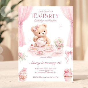 Floral Vintage Pink Teddy Bear Tea Party Birthday Invitation