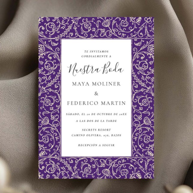 Floral Vintage Purple Nuestra Boda Wedding Invitation (Creator Uploaded)