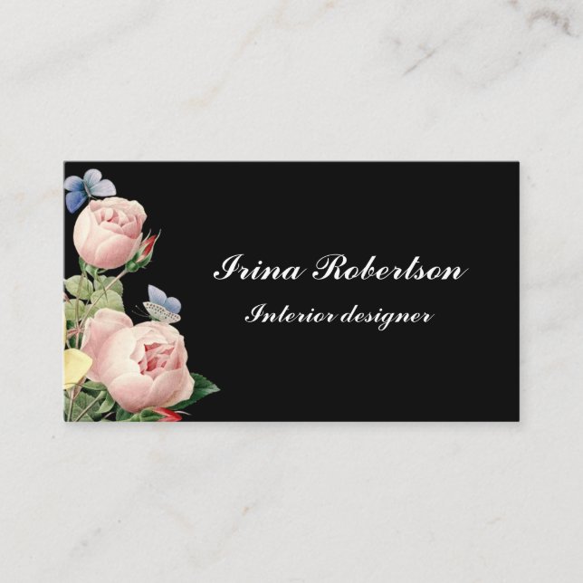 Floral vintage rose modern black business card (Front)