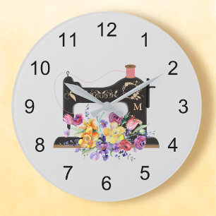 Floral Vintage Sewing Machine Monogram Large Clock