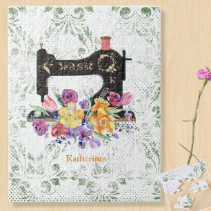 Floral Vintage Sewing Machine Personalised Jigsaw Puzzle