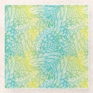 Floral Vintage Yellow And Blue Gradient Glass Coaster