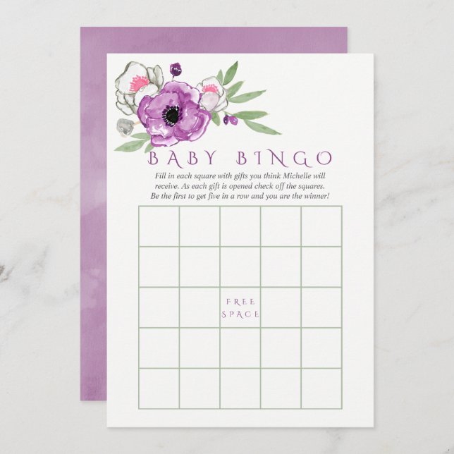 Floral Violet and Sage Baby Shower Baby Bingo Invitation (Front/Back)