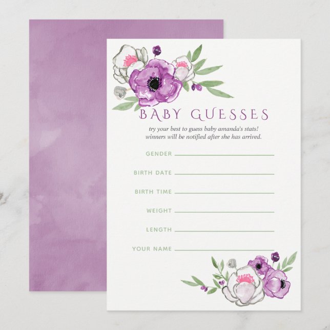 Floral Violet and Sage Baby Shower Baby Guesses Invitation (Front/Back)