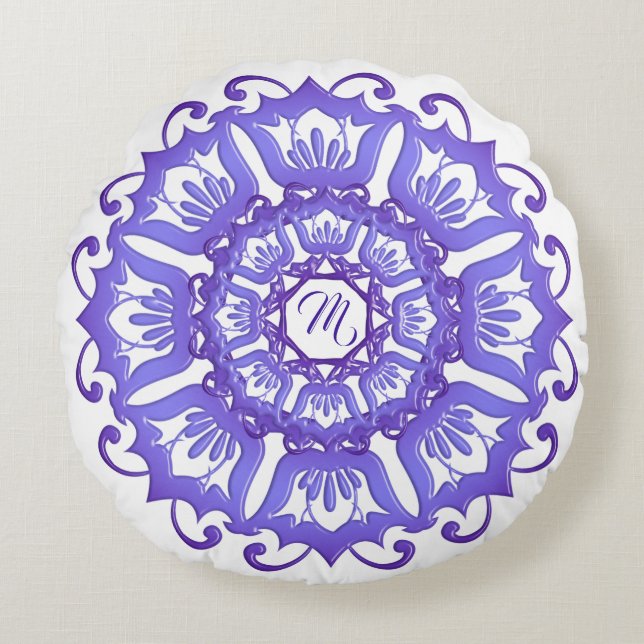 Floral violet mandala. Monogram. Round Cushion (Front)