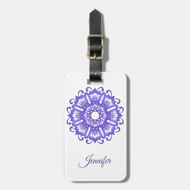 Floral violet mandala.Name. Luggage Tag (Front Vertical)