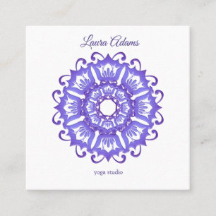 Floral violet mandala. Text. Square Business Card