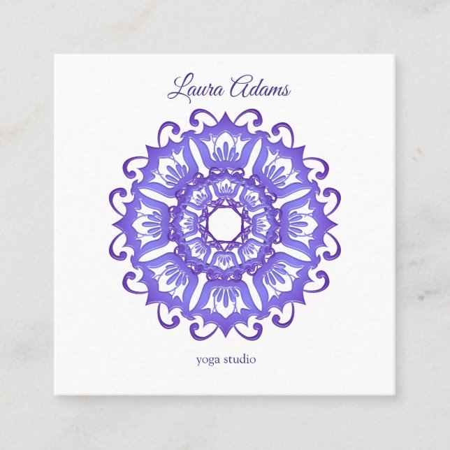 Floral violet mandala. Text. Square Business Card (Front)