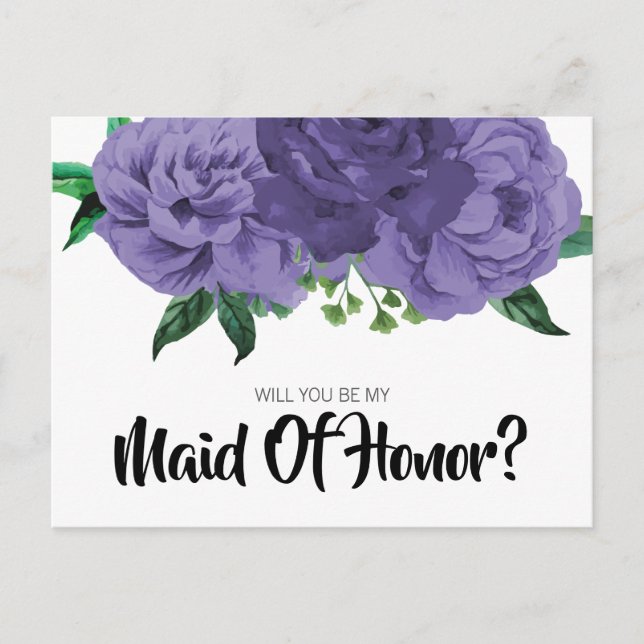 Floral Violet Purple Be My Maid of Honour Postcard (Front)