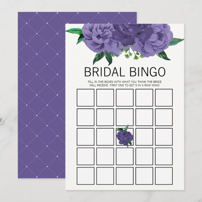 Floral Violet Purple Bridal Shower Bingo Game Card (Front/Back)