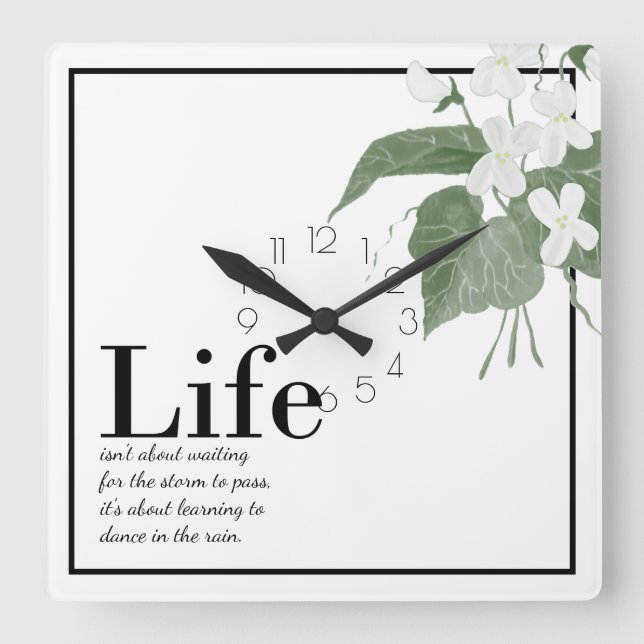 Floral Violets White on White Life Quote   Square  Wall Clock (Front)