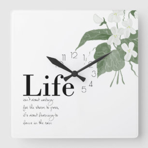 Floral Violets White on White Life Quote  Square Wall Clock