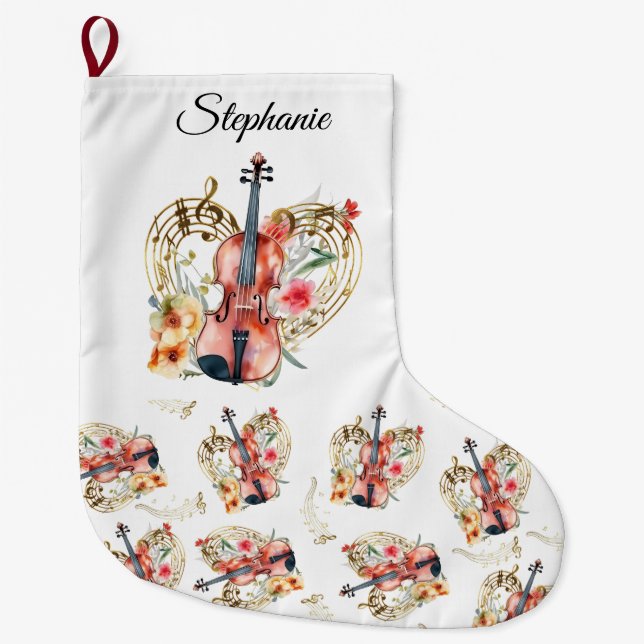 Floral Violins Gold Music Notes Christmas Holiday  Large Christmas Stocking (Front)