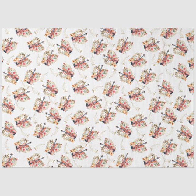 Floral Violins Gold Music Notes Christmas Holiday Tissue Paper (Front)