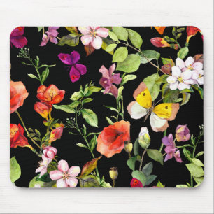 Floral w Butterflies on Black, Mouse Pad