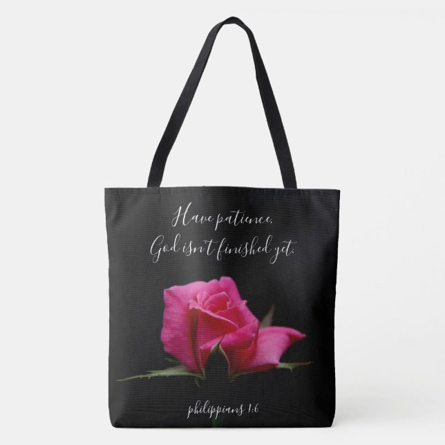 Floral w/ Verse; red rose blossom, Philippians 1:6 Tote Bag (Front)