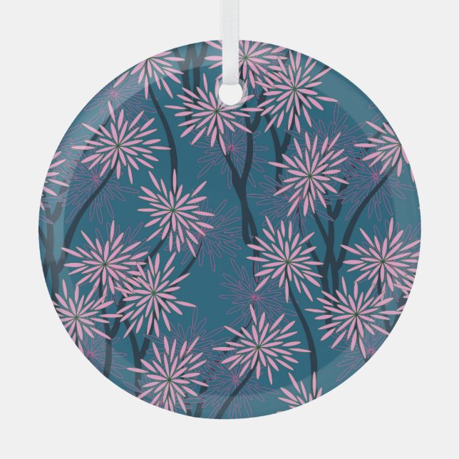 Floral wallpaper: Asian navy blue, pink. Glass Tree Decoration (Front)