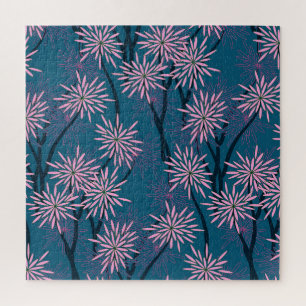 Floral wallpaper: Asian navy blue, pink. Jigsaw Puzzle