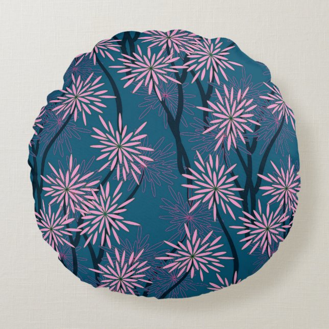 Floral wallpaper: Asian navy blue, pink. Round Cushion (Front)