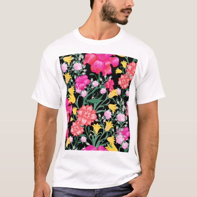 Floral Wallpaper Big Flowers Pattern T-Shirt (Front)