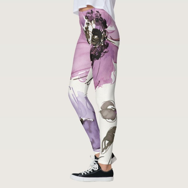 Floral Waltz Plum Watercolor Flowers Leggings (Left)