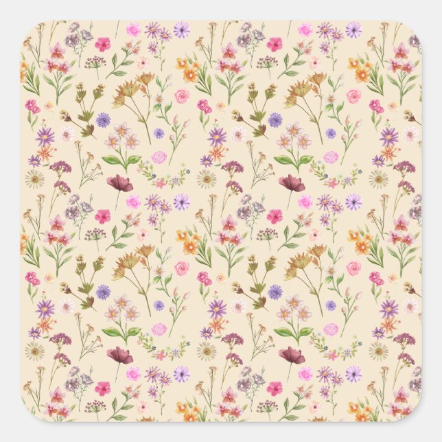 floral water colour pattern- pink, purple, green- square sticker (Front)