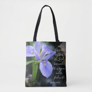 Floral (water iris) w/ verse from Psalm 118:24 Tote Bag