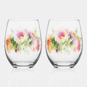 Floral Water Paint Print Stemless Wine Glass