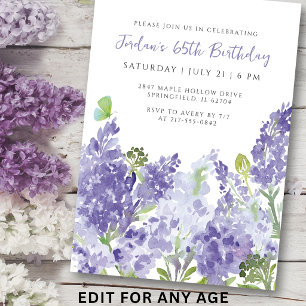 Floral Watercolor 65th Birthday Elegant Lilacs  Invitation
