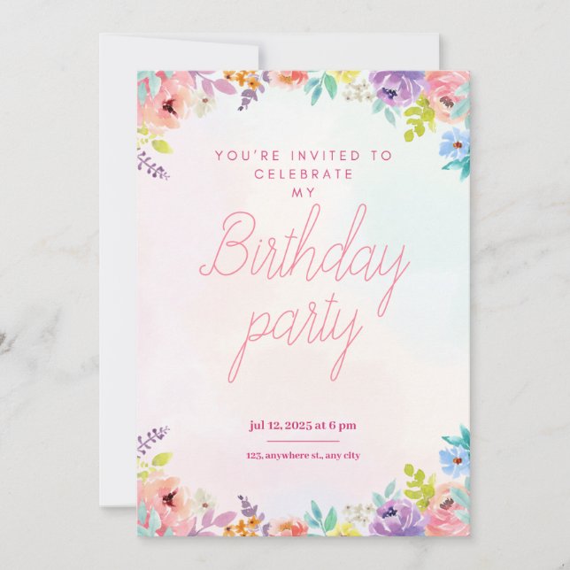Floral watercolor adults birthday invitation (Front)