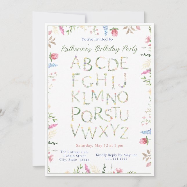 Floral Watercolor Alphabet ABC Birthday Invitation (Front)