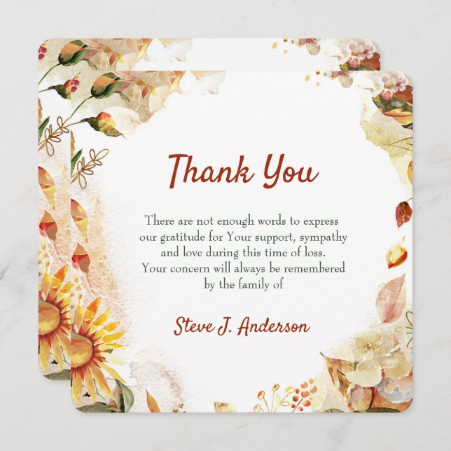 Floral Watercolor Autum Funeral Thank You Card (Front/Back)