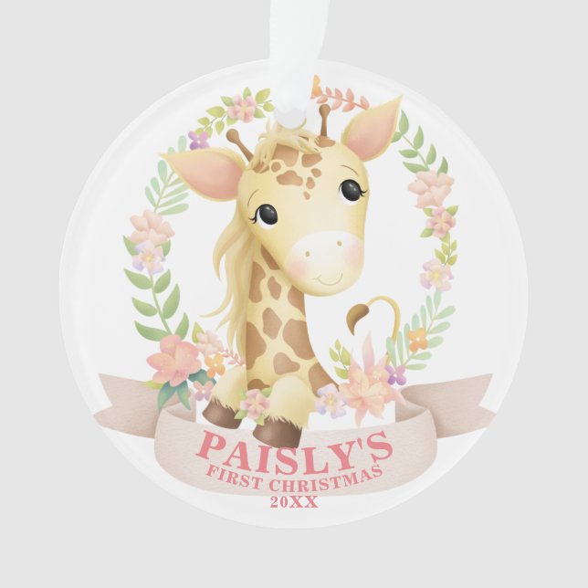Floral Watercolor Baby Giraffe Christmas Photo Ornament (Front)
