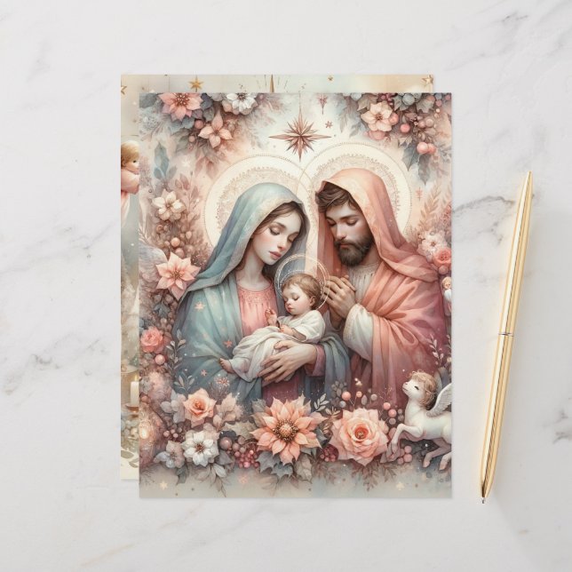 Floral Watercolor Baby Jesus  Scrapbook Paper (Front/Back In Situ)