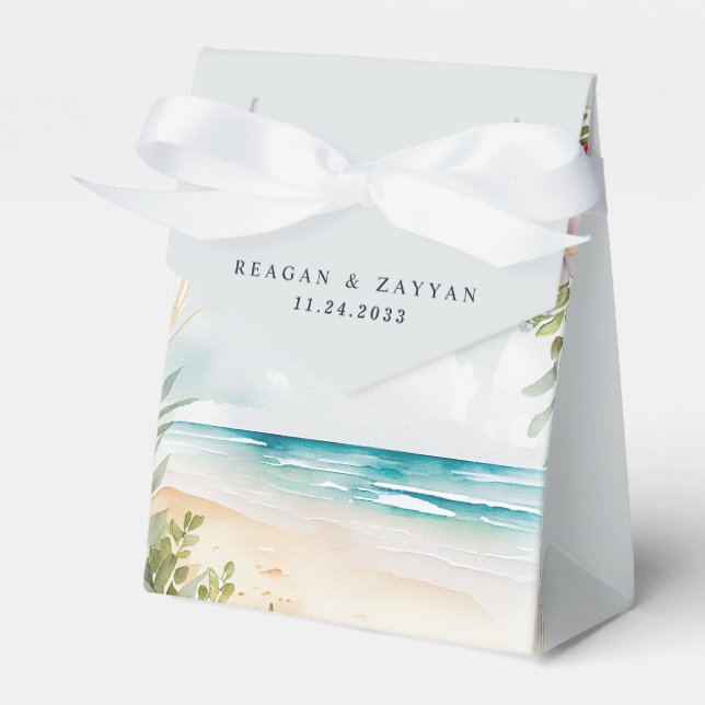Floral Watercolor Beach Scene Summer Wedding Favour Box (Front Side)