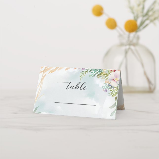 Floral Watercolor Beach Scene Summer Wedding Place Card (Front)
