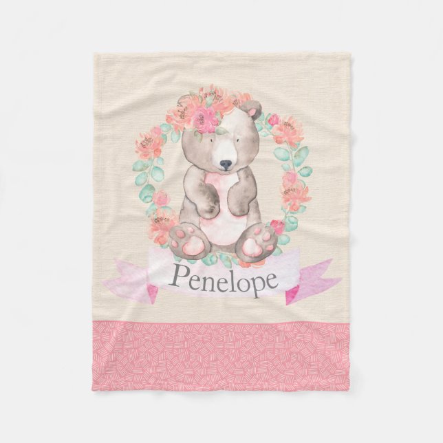 Floral Watercolor Bear Baby Nursery Baby Fleece Blanket (Front)