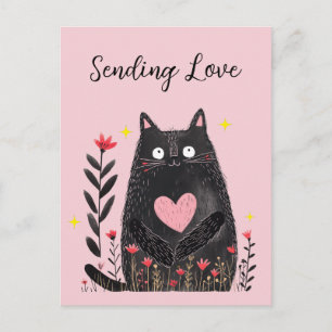 Floral Watercolor Black Cat and Heart Sending Love Postcard