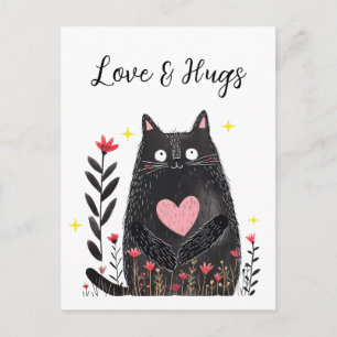 Floral Watercolor Black Cat Love and Hugs Postcard
