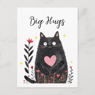 Floral Watercolor Black Cat Pink Heart Big Hugs Postcard
