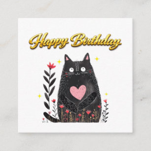 Floral Watercolor Black Cat Pink Heart Birthday Enclosure Card