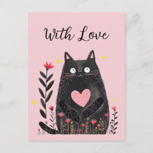 Floral Watercolor Black Cat Pink Heart With Love Postcard