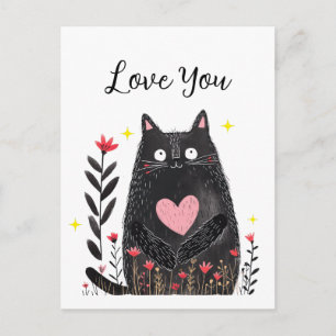 Floral Watercolor Black Cat with Heart Love You Postcard